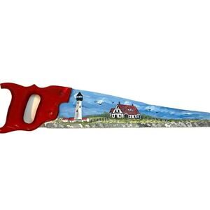 Lighthouse Beacon Saw Scenic Seagulls Blue Sky 19.5 inch Hand Painted 1 Man